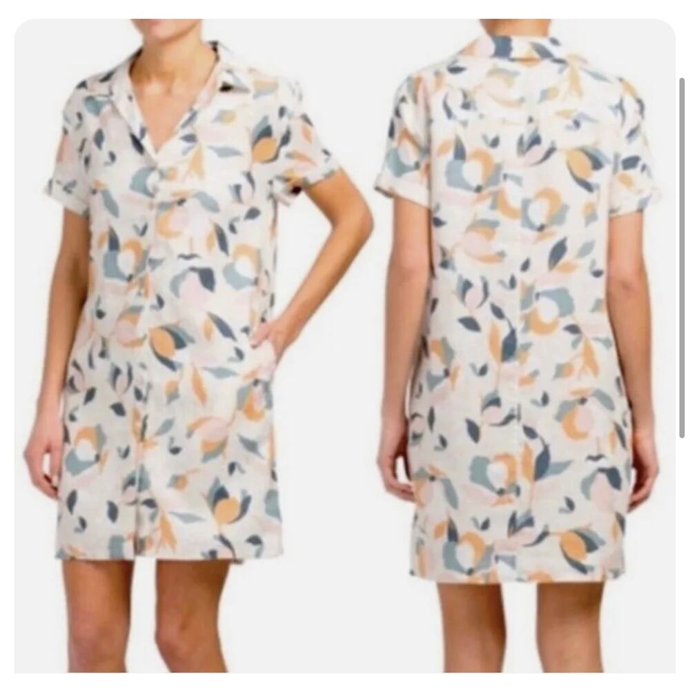 Rachel Zoe blush pink floral 100% linen button up shirt dress‎ sz L